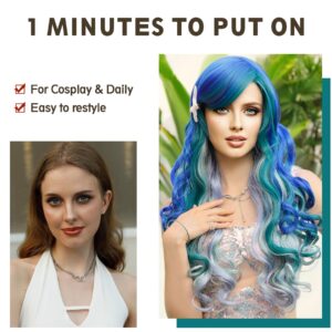 7JHH WIGS Long Wavy Costume Wigs Cosplay Mermaid wig for Women Halloween Party Used High Temperature Heat Resistant Fiber Natural Hairline Cos I Love Lucy Wig (28in, Blue Purple Mermaid Ombre Wig)