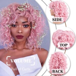 AIDUSA Short Loose Curly Wigs Big Curly Wig With Bangs Afro Wig for Black Women Fluffy Curly Pink Synthetic Wigs Black Women Wig Half Wigs for White Women Wavy Natural Wigs (Pink)