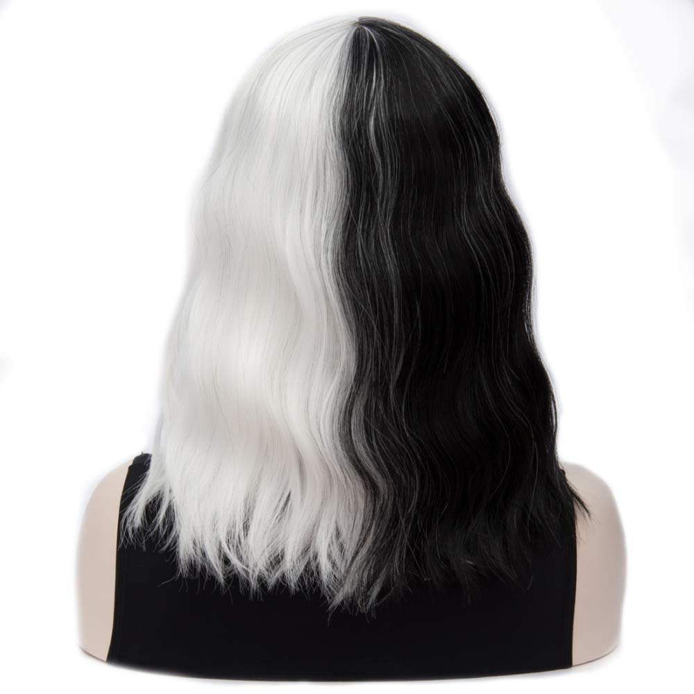 Black White Wig with Bangs Short Curly Wavy Bob Wigs Synthetic Cosplay Costume Halloween Party Wigs for Women