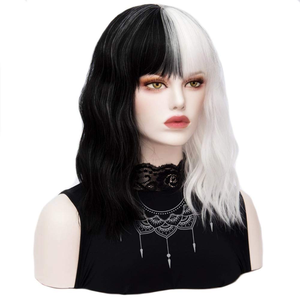 Black White Wig with Bangs Short Curly Wavy Bob Wigs Synthetic Cosplay Costume Halloween Party Wigs for Women