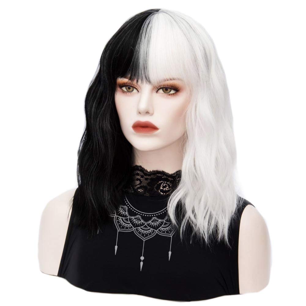 Black White Wig with Bangs Short Curly Wavy Bob Wigs Synthetic Cosplay Costume Halloween Party Wigs for Women