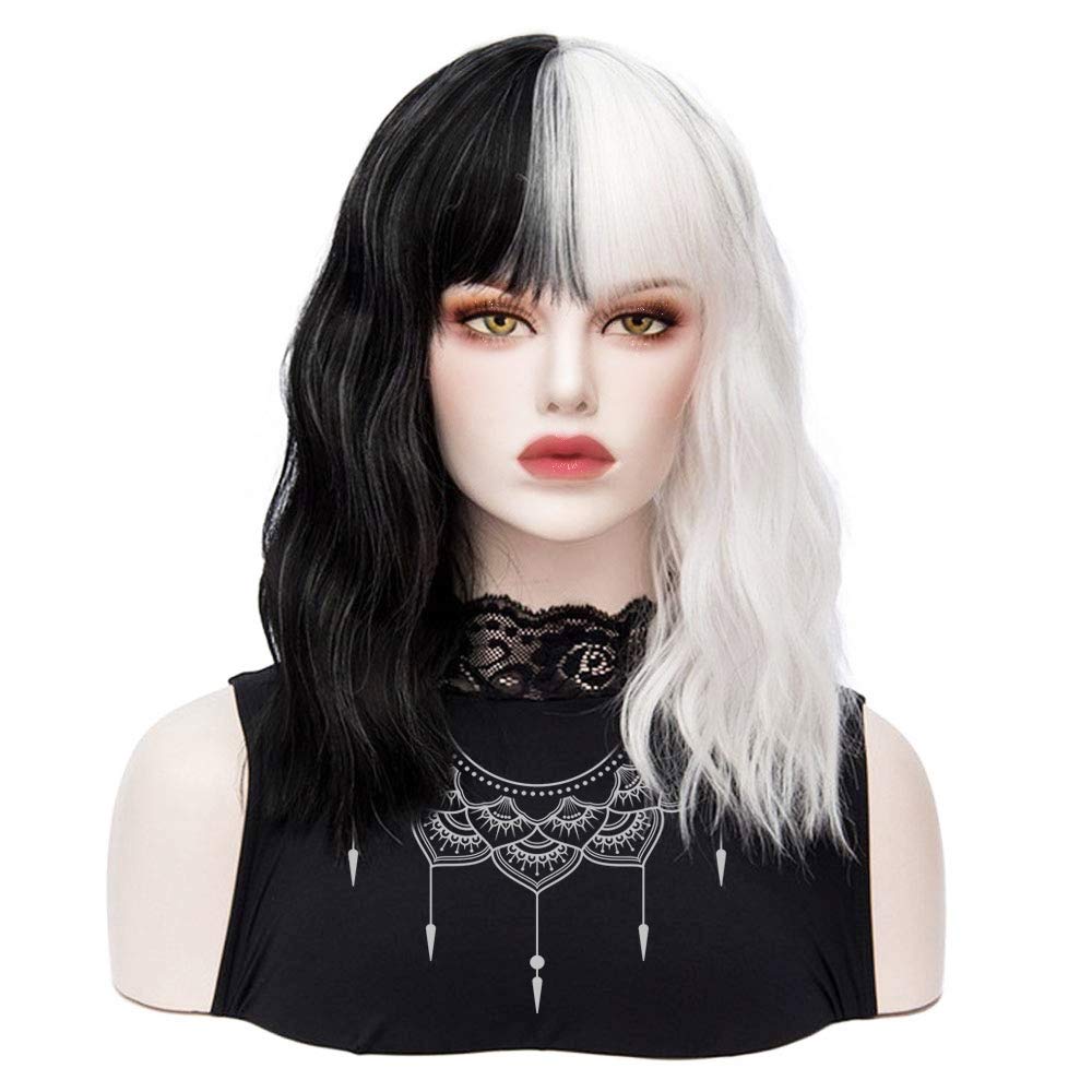 Black White Wig with Bangs Short Curly Wavy Bob Wigs Synthetic Cosplay Costume Halloween Party Wigs for Women