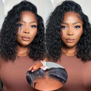 KeepMe 14 Inch Wear and Go Glueless Wigs Human Hair Pre Plucked Water Wave Bob Wig Human Hair Wigs 180% Density Glueless Wig Pre Cut Lace for Beginners 4x4 Lace Closure Wig for Women