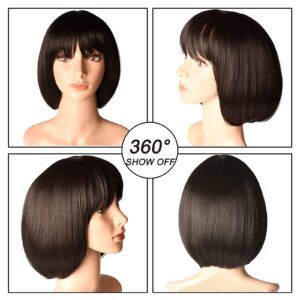 12 Inch Short Bob Wigs with Bangs, Straight Bob Wigs for Women, Synthetic Short Bob Wigs Heat Resistant Fiber Wigs for Daily Party Cosplay (Black)