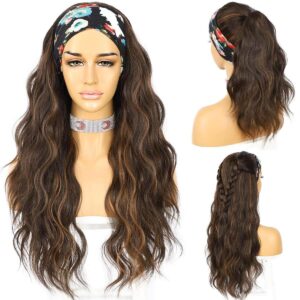 sapphirewigs headband wig loose body wavy glueless synthetic hair wigs for black women wave none lace front wigs mix brown color headband wigs 150% density 26inches
