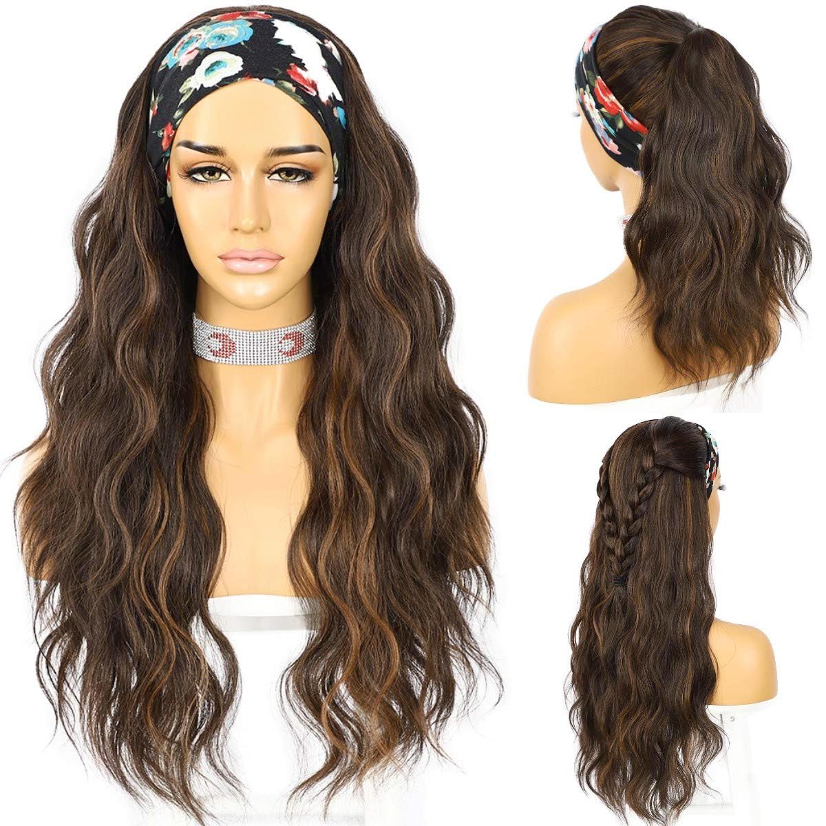 SAPPHIREWIGS Headband Wig Loose Body Wavy Glueless Synthetic Hair Wigs for Black Women Wave None Lace Front Wigs Mix Brown Color Headband Wigs 150% Density 26inches