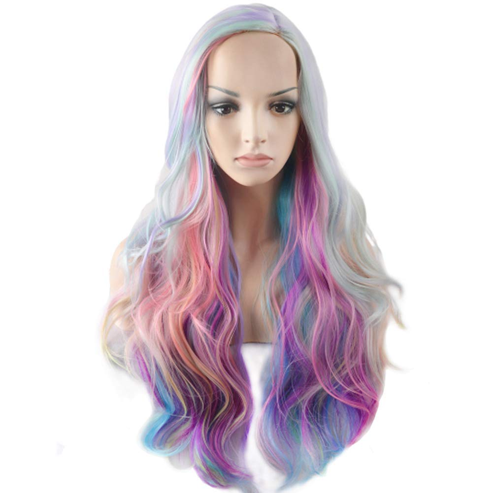 RightOn Rainbow Wig Long Curly Wig Multi-Color Wig Charming Full Wigs for Cosplay Girls Party or Daily Use Wig Cap Included