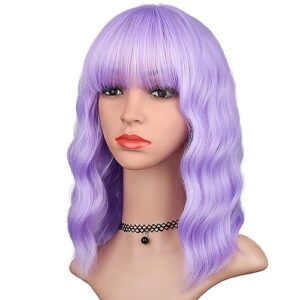 hairup lavender wig with bangs for women, short wavy curly bob wig light purple wigs 14 inch shoulder length colored pastel purple wig daily party cosplay wigs