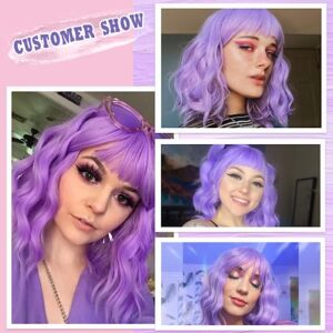 HAIRUP Lavender Wig with Bangs for Women, Short Wavy Curly Bob Wig Light Purple Wigs 14 Inch Shoulder Length Colored Pastel Purple Wig Daily Party Cosplay Wigs