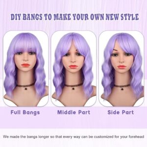 HAIRUP Lavender Wig with Bangs for Women, Short Wavy Curly Bob Wig Light Purple Wigs 14 Inch Shoulder Length Colored Pastel Purple Wig Daily Party Cosplay Wigs