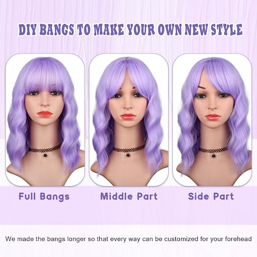 HAIRUP Lavender Wig with Bangs for Women, Short Wavy Curly Bob Wig Light Purple Wigs 14 Inch Shoulder Length Colored Pastel Purple Wig Daily Party Cosplay Wigs