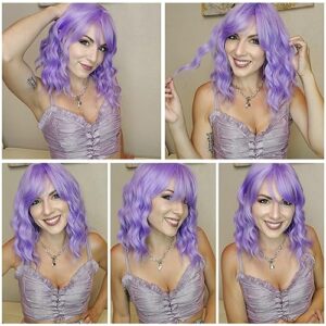 HAIRUP Lavender Wig with Bangs for Women, Short Wavy Curly Bob Wig Light Purple Wigs 14 Inch Shoulder Length Colored Pastel Purple Wig Daily Party Cosplay Wigs