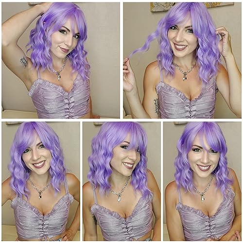 HAIRUP Lavender Wig with Bangs for Women, Short Wavy Curly Bob Wig Light Purple Wigs 14 Inch Shoulder Length Colored Pastel Purple Wig Daily Party Cosplay Wigs