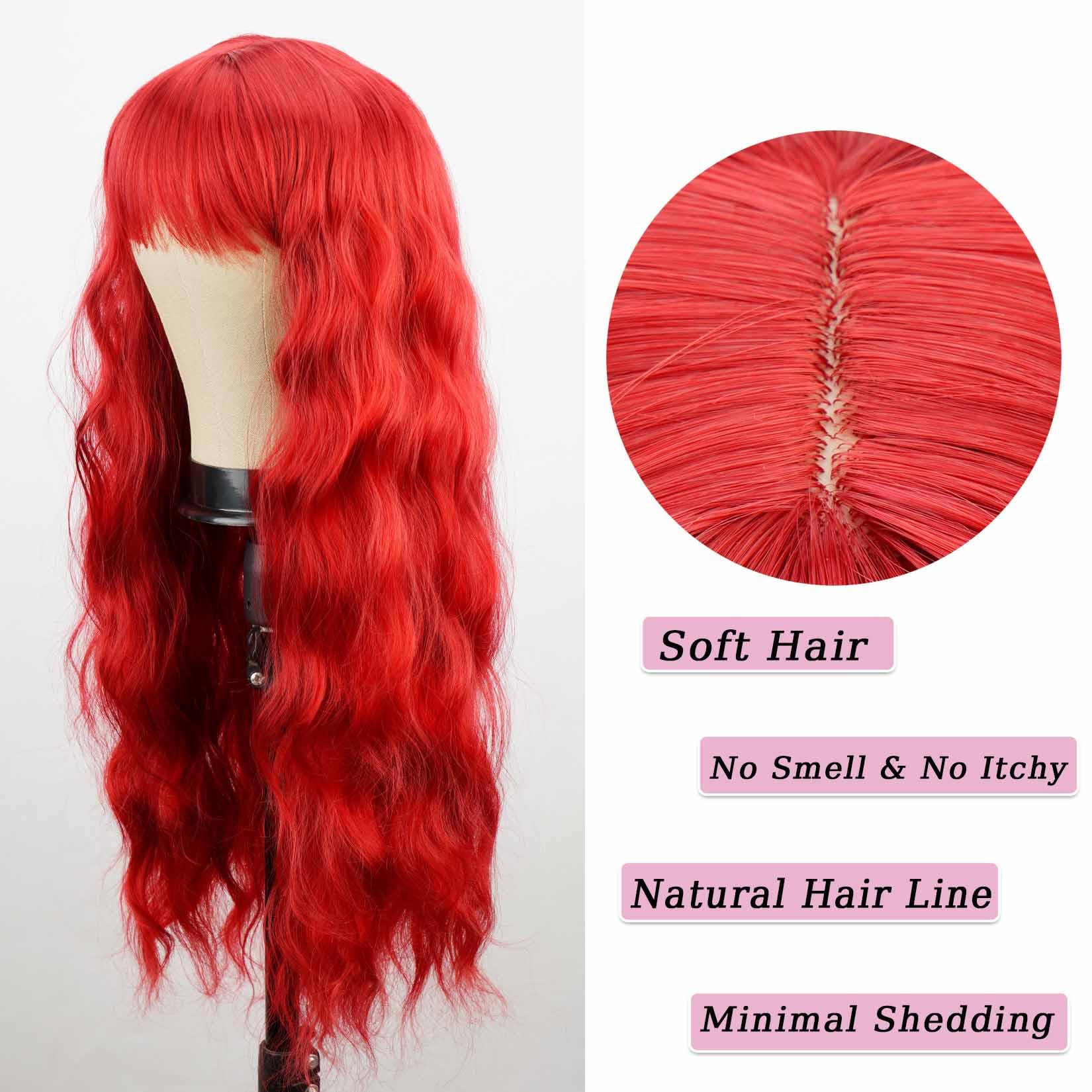 andromeda Red Wig with Bangs Soft Long Wavy Wigs for Women Curly Synthetic Wig Replacement Halloween Costumes Cosplay Party Wigs (Red)