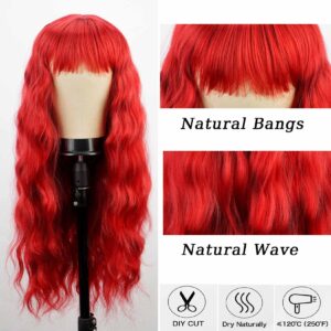 andromeda Red Wig with Bangs Soft Long Wavy Wigs for Women Curly Synthetic Wig Replacement Halloween Costumes Cosplay Party Wigs (Red)