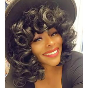 Kavsni Short Curly Wigs for Black Women Soft Black Big Curly Wig with Bangs Afro Kinky Curls Heat Resistant Natural Looking Synthetic Wig for African American Women （Black）