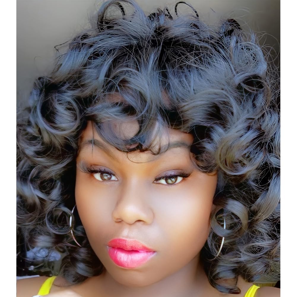 Kavsni Short Curly Wigs for Black Women Soft Black Big Curly Wig with Bangs Afro Kinky Curls Heat Resistant Natural Looking Synthetic Wig for African American Women （Black）