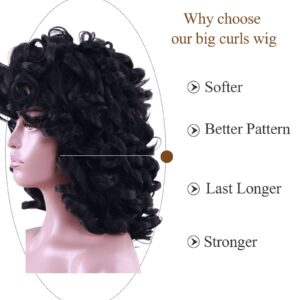 Kavsni Short Curly Wigs for Black Women Soft Black Big Curly Wig with Bangs Afro Kinky Curls Heat Resistant Natural Looking Synthetic Wig for African American Women （Black）