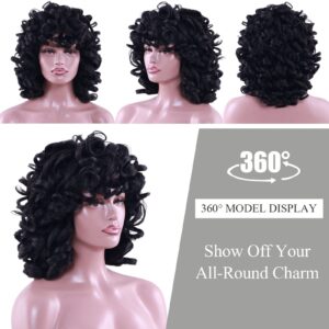 Kavsni Short Curly Wigs for Black Women Soft Black Big Curly Wig with Bangs Afro Kinky Curls Heat Resistant Natural Looking Synthetic Wig for African American Women （Black）