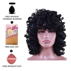 Kavsni Short Curly Wigs for Black Women Soft Black Big Curly Wig with Bangs Afro Kinky Curls Heat Resistant Natural Looking Synthetic Wig for African American Women （Black）