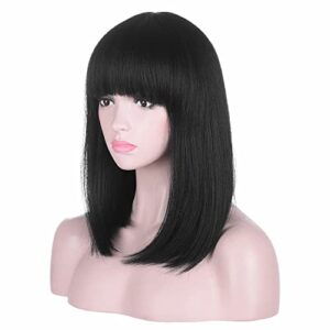 amzcos 15 inch short straight black bob wig with bangs | natural heat resistant synthetic hair for women