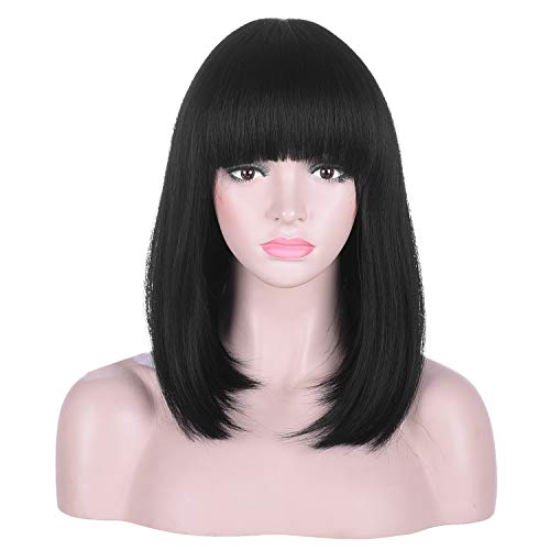 AMZCOS 15 Inch Short Straight Black Bob Wig with Bangs | Natural Heat Resistant Synthetic Hair for Women