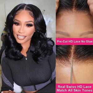 Ahaisy Glueless Bob Wig Human Hair Pre Plucked Wear and Go Wigs Pre Cut Lace Body Wave Short Bob Lace Front Wigs for Black Women Upgraded No Glue 4x4 Lace Closure Wigs (12 Inch)