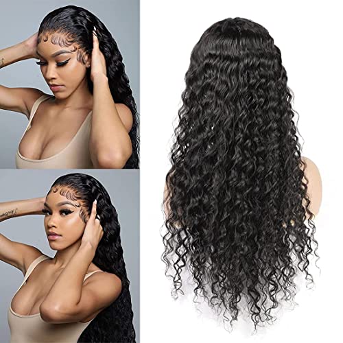 Ibntohat 13x6 HD Transparent Deep Wave Lace Front Wigs Human Hair Wigs for Women Glueless Brazilian Virgin Lace Frontal Wigs Human Hair Pre Plucked With Baby Hair Natural Color (20 Inch)