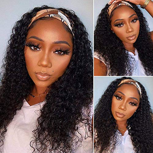 Celiarita Headband Wig Human Hair Deep Wave 18 inch None Lace Front Wig Human Hair Machine Made Wigs Glueless Curly Hair Headband Half Wigs for Black Women Human Hair Natural Color