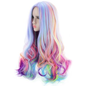 agptek full long curly wavy rainbow hair wig, heat resistant wig for music festival, theme parties, wedding, concerts, dating, cosplay & more