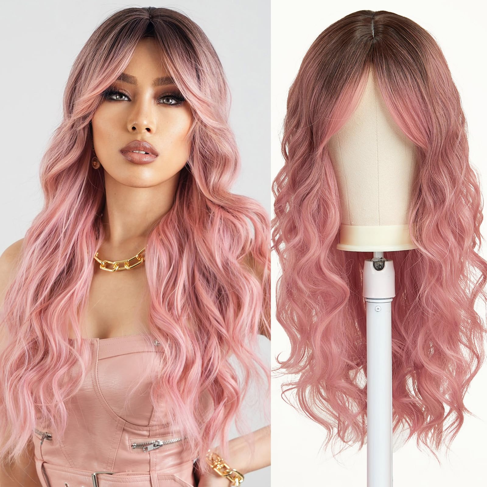 Esmee Long Wavy Pale Pink Wig For Women Bangs Wig Curly Synthetic Hair Natural Looking Heat Resistant Fiber For Daily Party Cosplay Christmas Wear