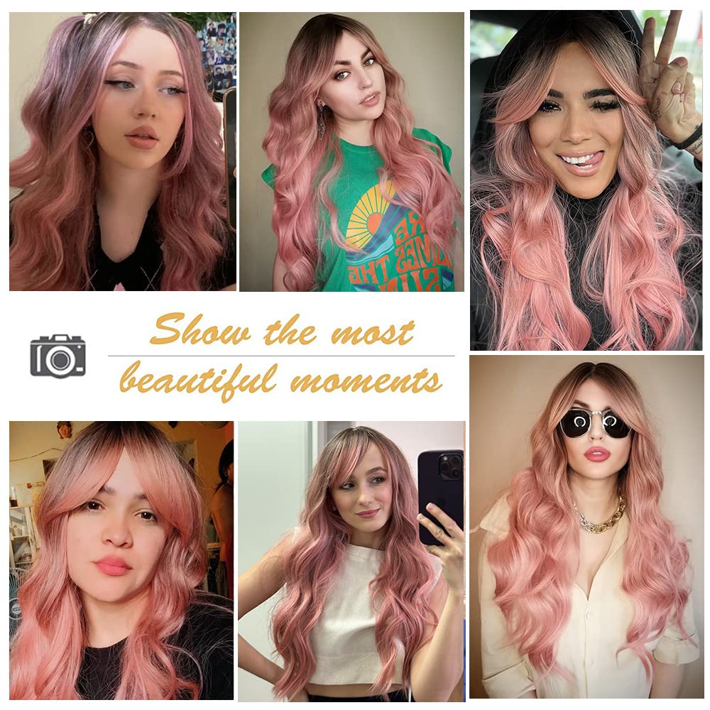 Esmee Long Wavy Pale Pink Wig For Women Bangs Wig Curly Synthetic Hair Natural Looking Heat Resistant Fiber For Daily Party Cosplay Christmas Wear