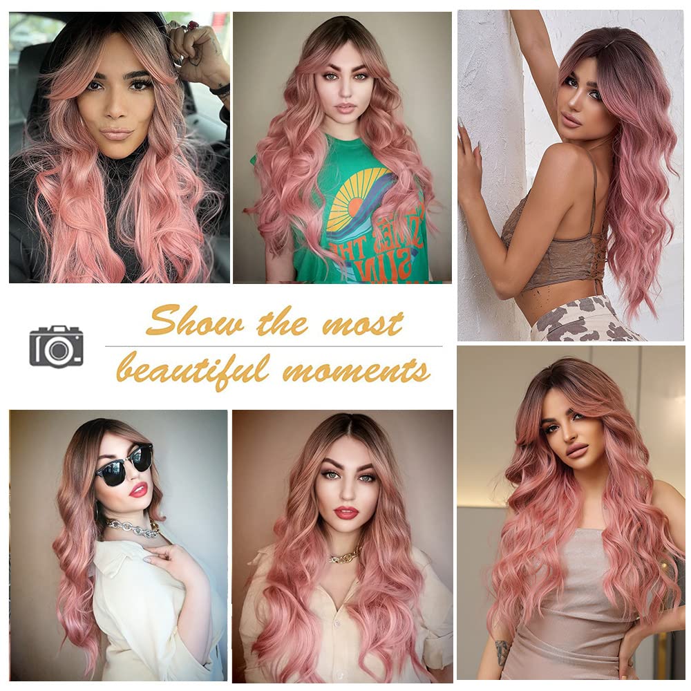 Esmee Long Wavy Pale Pink Wig For Women Bangs Wig Curly Synthetic Hair Natural Looking Heat Resistant Fiber For Daily Party Cosplay Christmas Wear