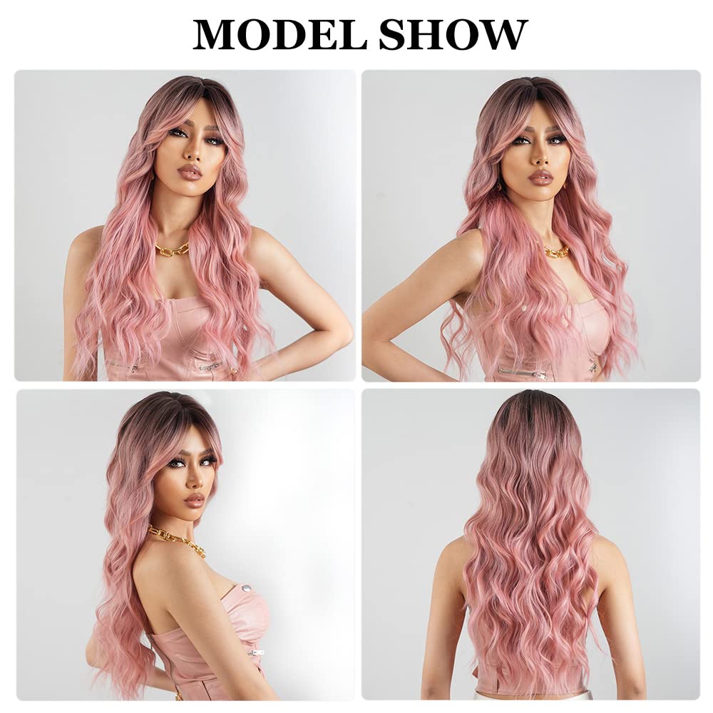 Esmee Long Wavy Pale Pink Wig For Women Bangs Wig Curly Synthetic Hair Natural Looking Heat Resistant Fiber For Daily Party Cosplay Christmas Wear