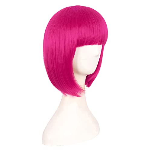 MapofBeauty 12 Inch /30 cm Fashion Lady Short Straight Synthetic Flat Bangs Bob Wig (Hot Pink)