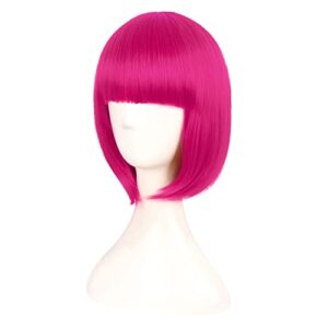 MapofBeauty 12 Inch /30 cm Fashion Lady Short Straight Synthetic Flat Bangs Bob Wig (Hot Pink)