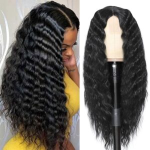 28 inch long curly synthetic hair wigs for women black lace front wig synthetic curly wigs deep wave wig with 4" simulated scalp natural crimps curls hair replacement wigs for daily party use 1b#