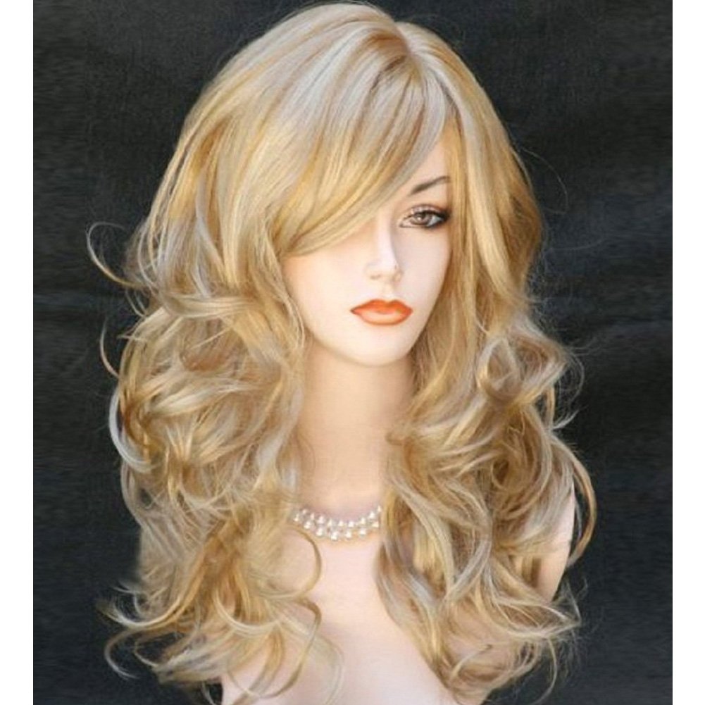 RightOn 21" Stylish Long Curly Wavy Blonde Hair Wig with Bangs Party Perruque Halloween Cosplay Party Costume Wig(Mixed Blonde)