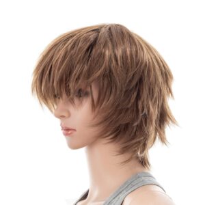 SWACC Unisex Fashion Spiky Layered Short Anime Cosplay Wig for Men and Women (Brown Mixed)