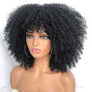 RunM Short Curly Afro Wig With Bangs for Black Women Kinky Curly Hair Wig Afro Synthetic Full Wigs（Black）