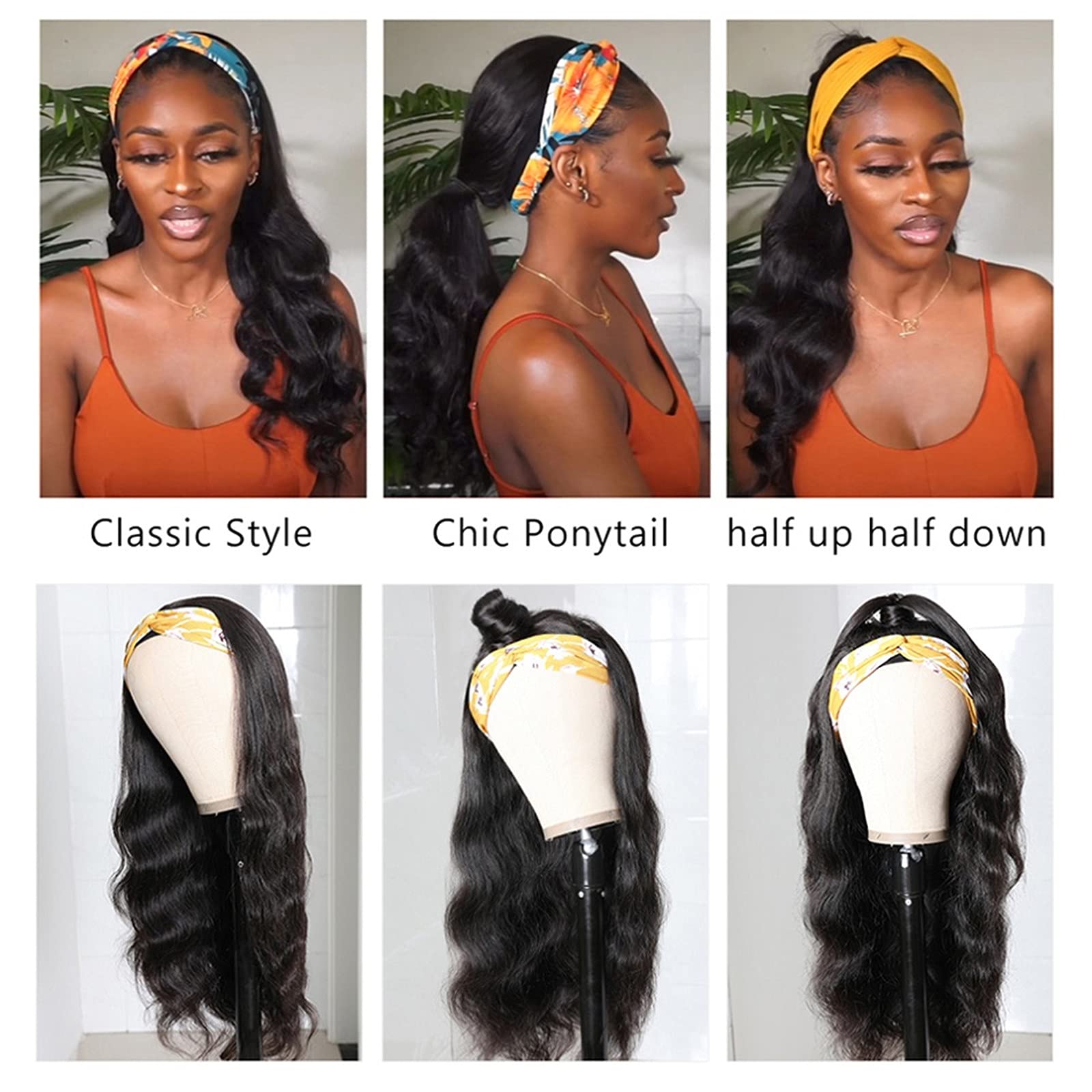 catti Body Wave Headband Wig Human Hair Headband Wigs for Black Women Brazilian Virgin Hair Wear and Go Glueless Wigs Human Hair Headband Wig 150% Density (18" Headband wigs)