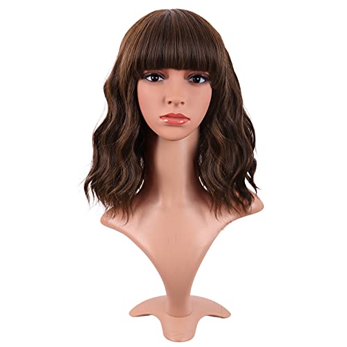 MapofBeauty 14 Inch/35 cm Short Wavy Curly Women Fresh Bright Synthetic Ordinary Flat Bangs Bob Wig (Brown)