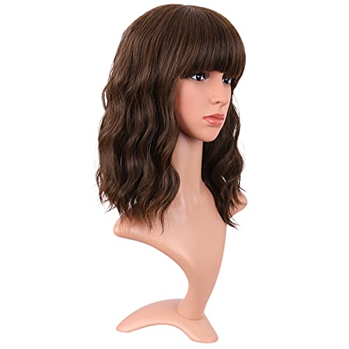 MapofBeauty 14 Inch/35 cm Short Wavy Curly Women Fresh Bright Synthetic Ordinary Flat Bangs Bob Wig (Brown)