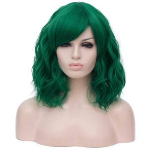 Mildiso Dark Green Wigs for Women Short Curly Wavy Bob Wig with Bangs Green Hair Wig with Wig Caps Cute Colorful Synthetic Wig for Daily Party M073