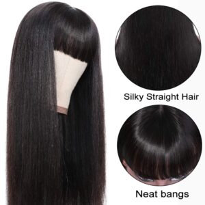 Lzlefho Silky Brazilian Virgin Straight Human Hair Wigs with Bangs 150% Density None Lace Front Wigs Glueless Machine Made Wigs for Women Natural Color (18inch)