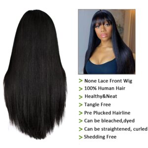 Lzlefho Silky Brazilian Virgin Straight Human Hair Wigs with Bangs 150% Density None Lace Front Wigs Glueless Machine Made Wigs for Women Natural Color (18inch)