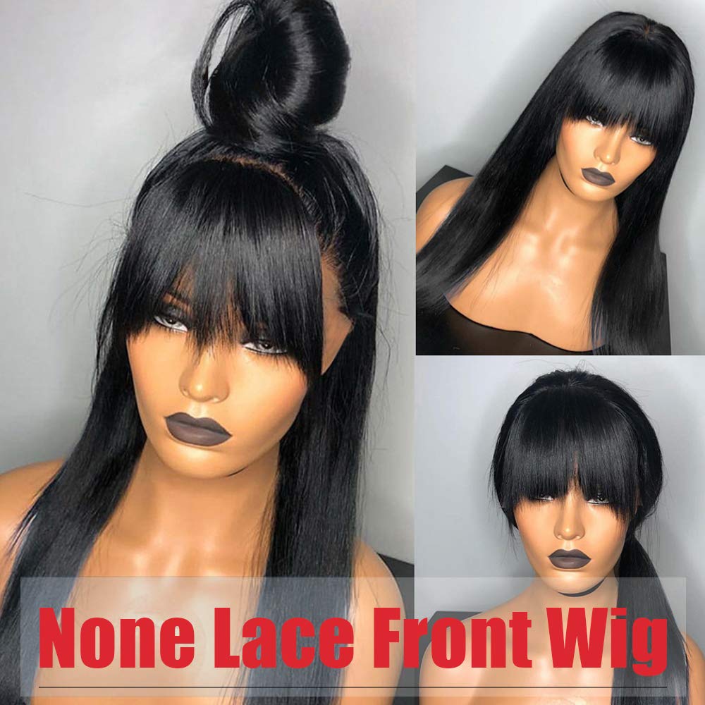 Lzlefho Silky Brazilian Virgin Straight Human Hair Wigs with Bangs 150% Density None Lace Front Wigs Glueless Machine Made Wigs for Women Natural Color (18inch)