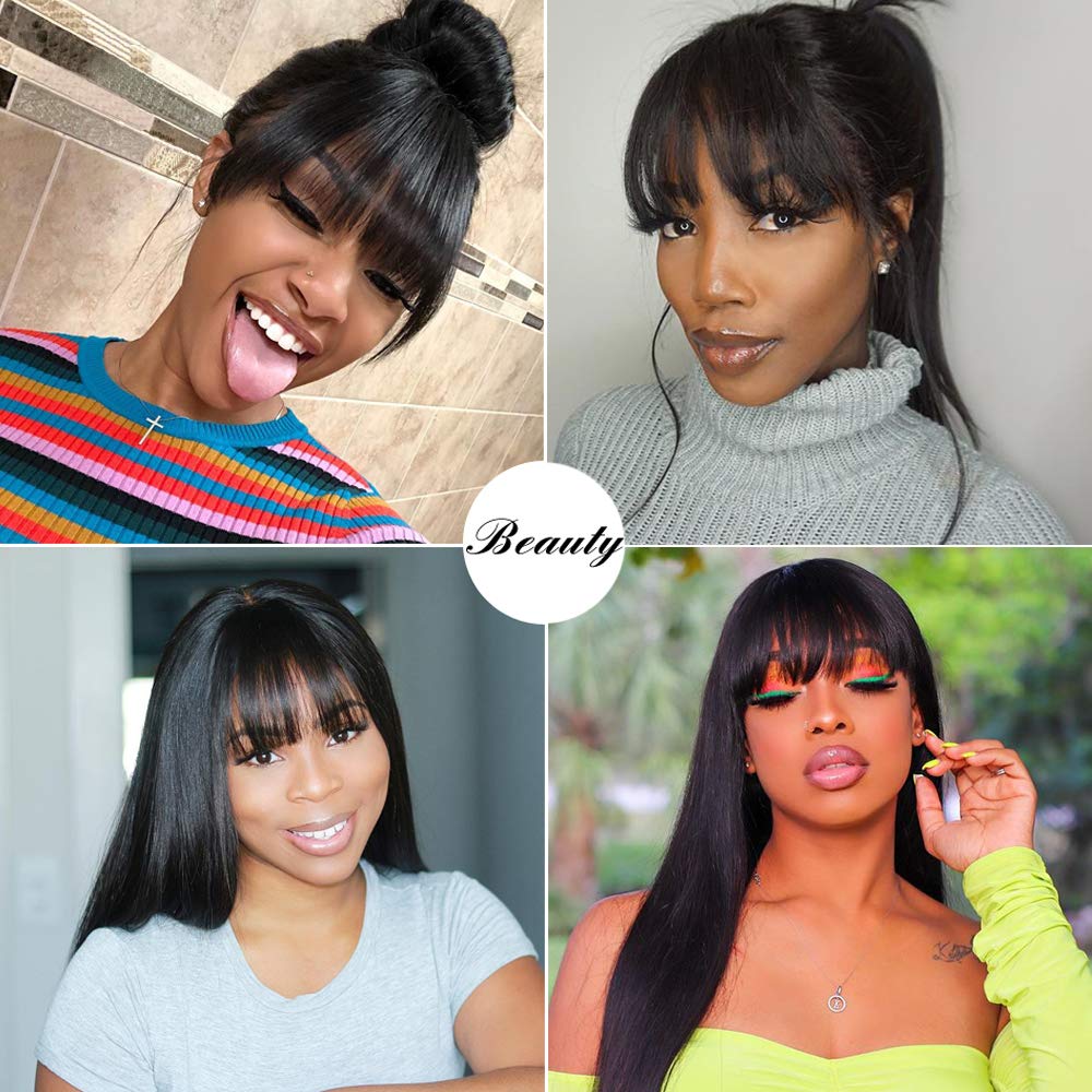 Lzlefho Silky Brazilian Virgin Straight Human Hair Wigs with Bangs 150% Density None Lace Front Wigs Glueless Machine Made Wigs for Women Natural Color (18inch)