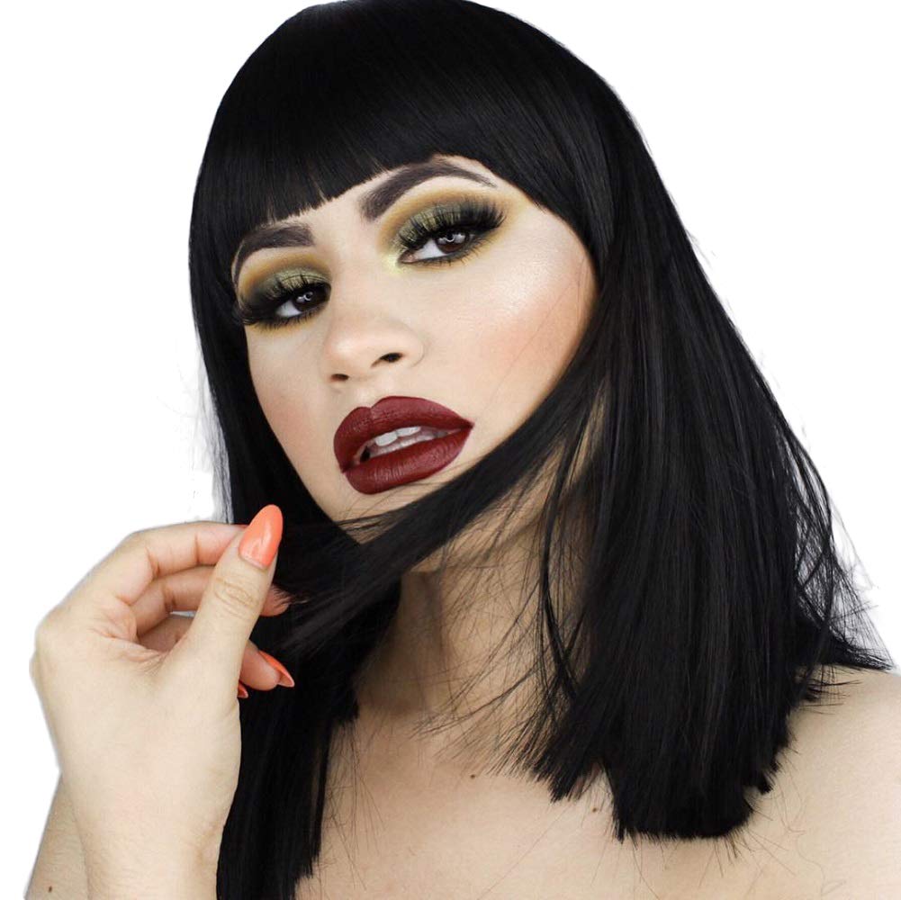 morvally Short Straight Black Wig with Bangs Natural Looking Heat Resistant Hair Cosplay Costume Wigs (14 inches Natural Black)