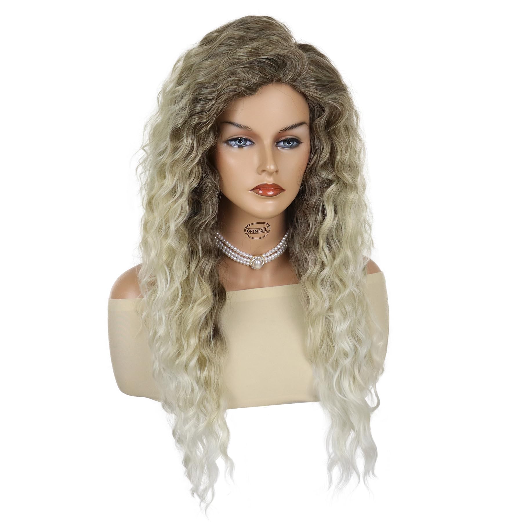 GNIMEGIL Long Curly Blonde Wigs for White Women Ash Blonde Ombre Wig Natural Fluffy Hair Thick Hairline Synthetic Wigs 26inches Long Wig Wavy